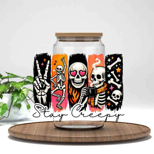 Stay Creepy UV DTF transfer on a clear glass can