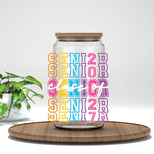 Senior 2027 UV DTF transfer on a clear glass can