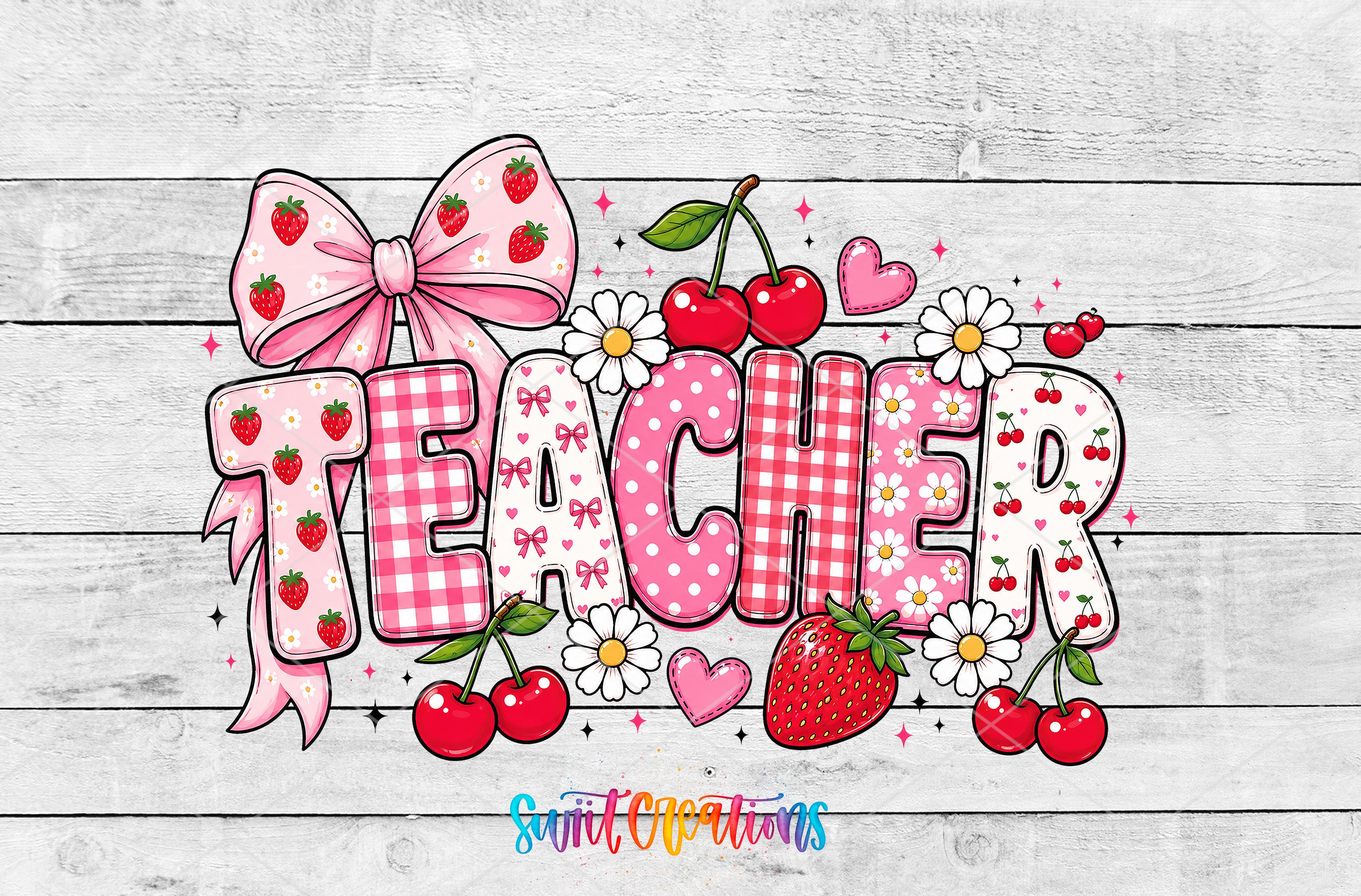 Teacher Strawberry UV DTF transfer artwork preview on white wood