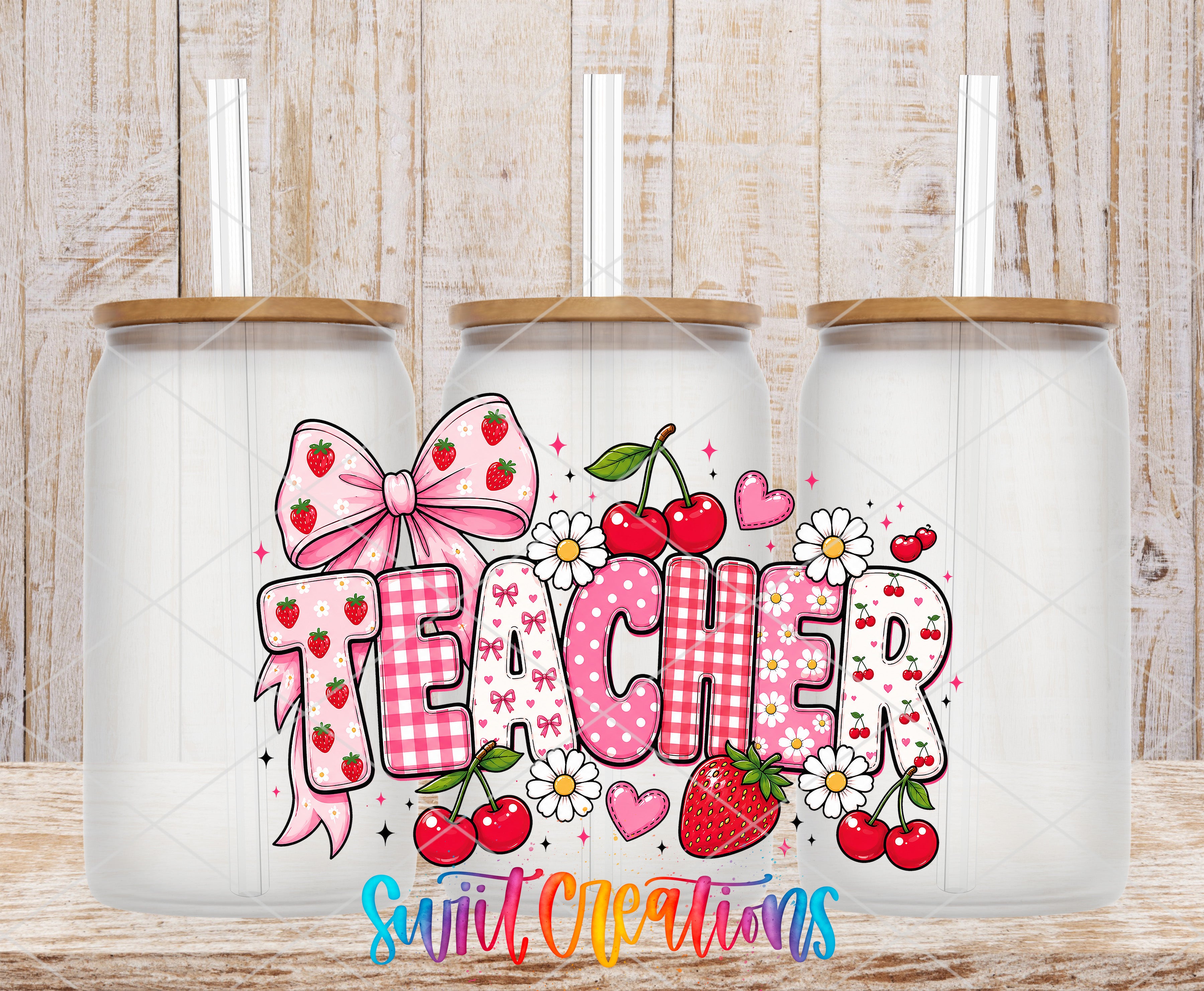 Teacher Strawberry UV DTF transfer glass tumbler set mockup