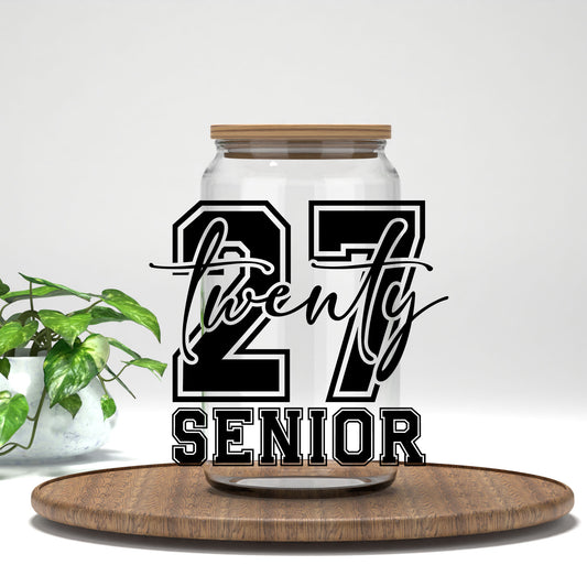 Senior 27 UV DTF transfer on a clear glass can