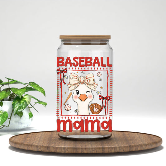 Baseball Mama Goose UV DTF transfer on a clear glass can
