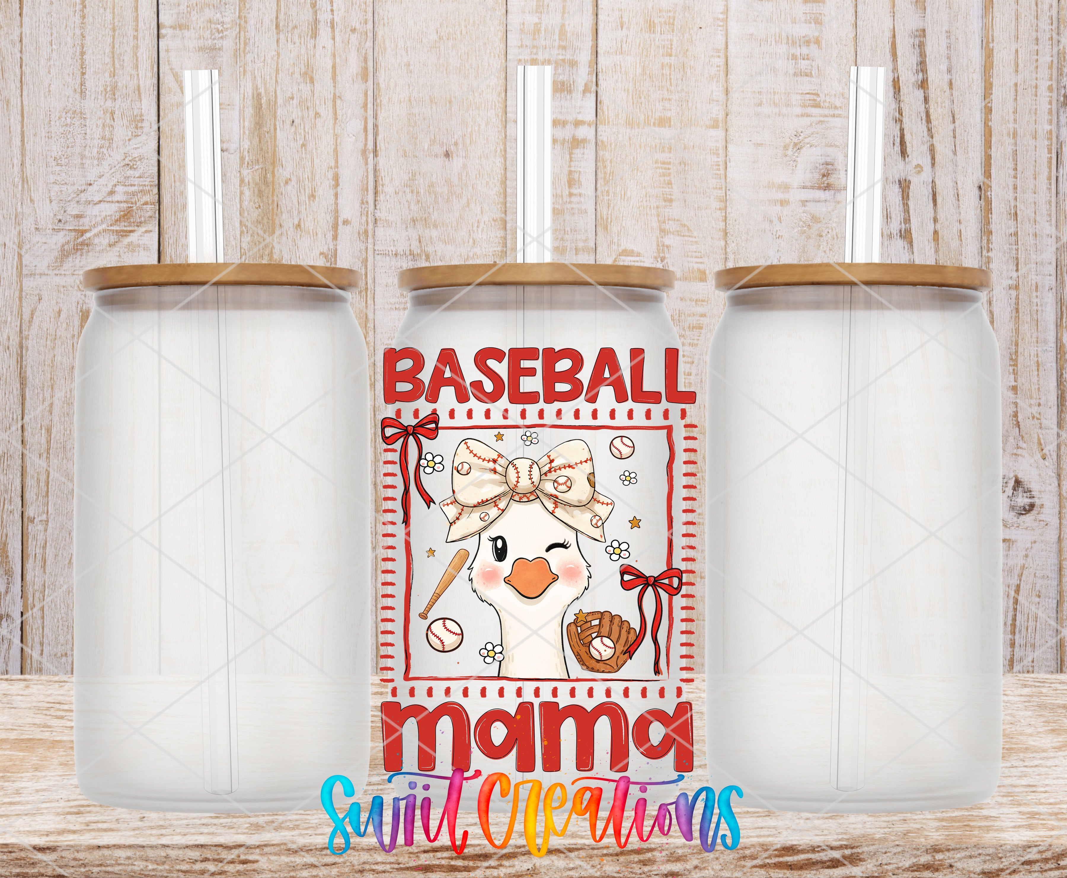 Baseball Mama Goose UV DTF transfer glass tumbler set mockup