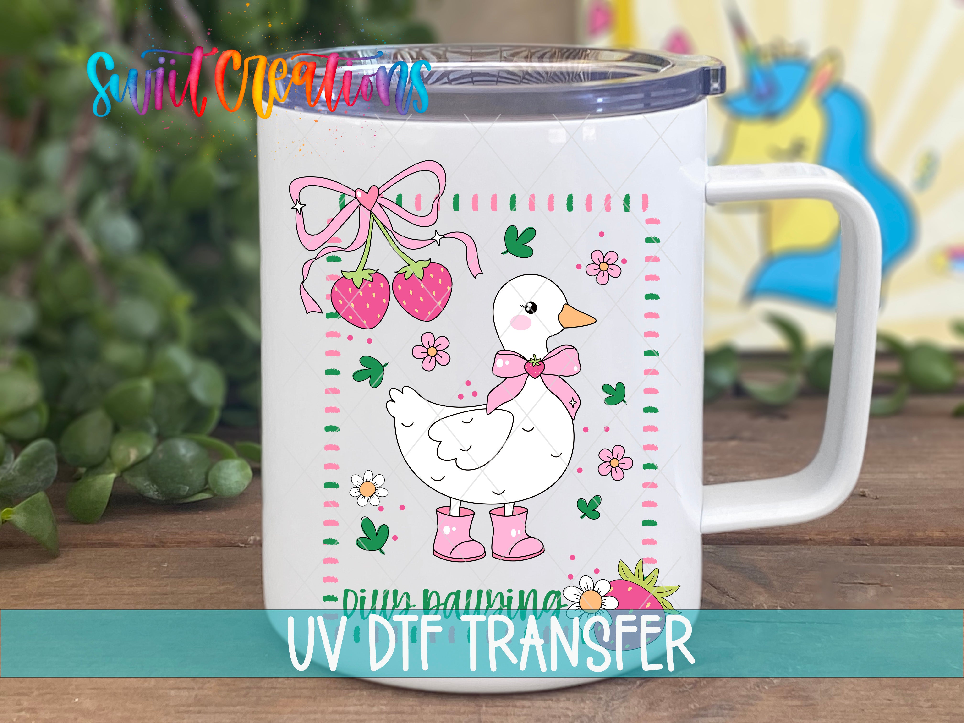 Dilly Dallying UV DTF transfer handled travel mug mockup