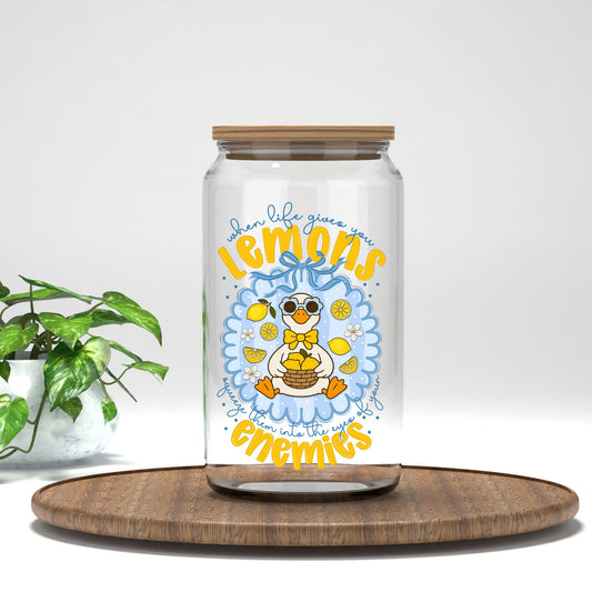 When Life Gives You Lemons UV DTF transfer on a clear glass can