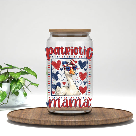 Patriotic Mama UV DTF transfer on a clear glass can
