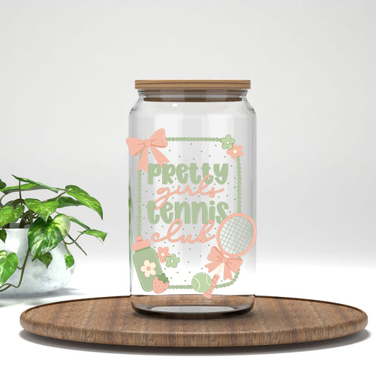 Pretty Girls Tennis Club UV DTF transfer on a clear glass can