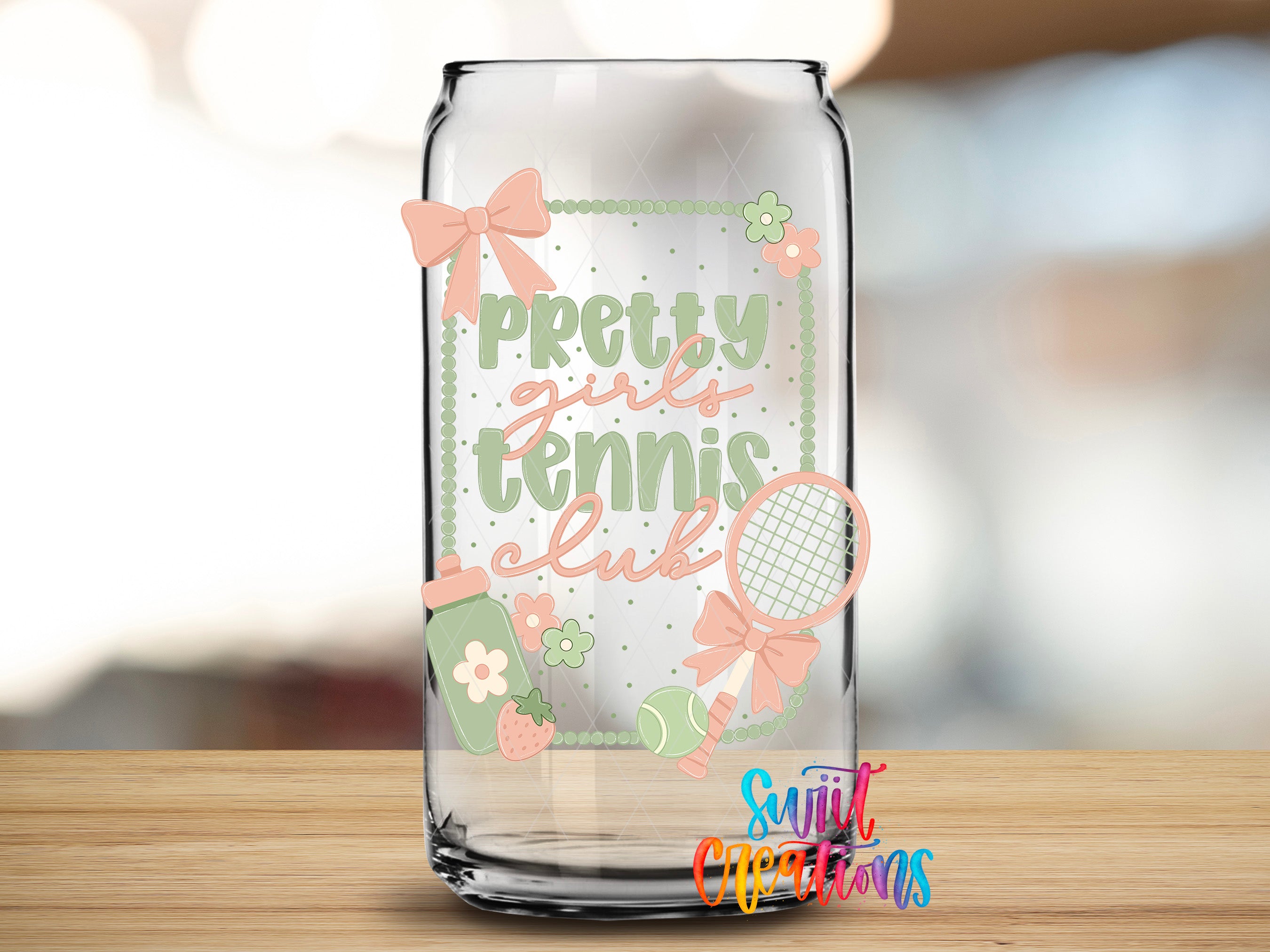 Pretty Girls Tennis Club UV DTF transfer clear glass cup mockup