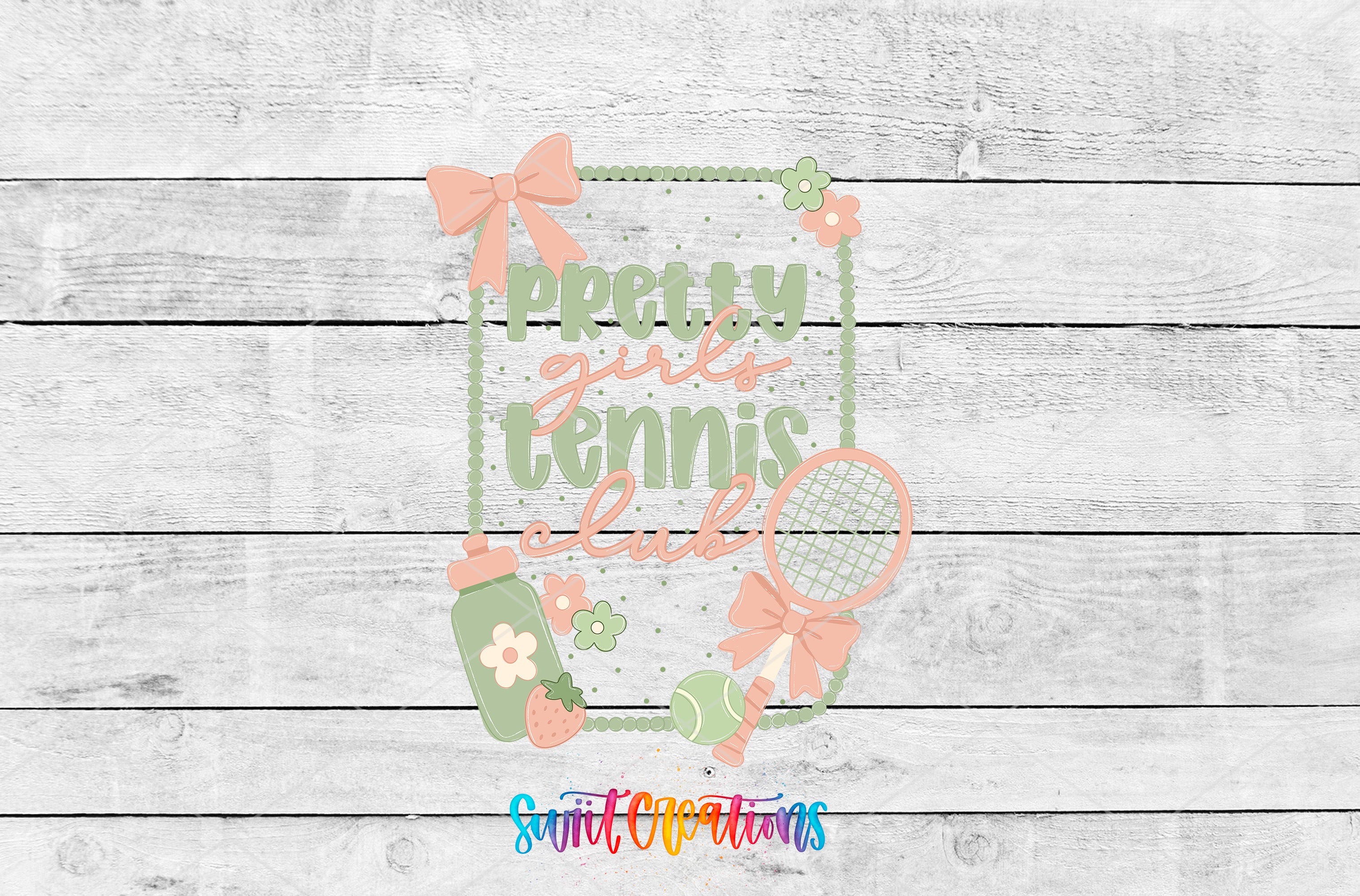 Pretty Girls Tennis Club UV DTF transfer artwork preview on white wood