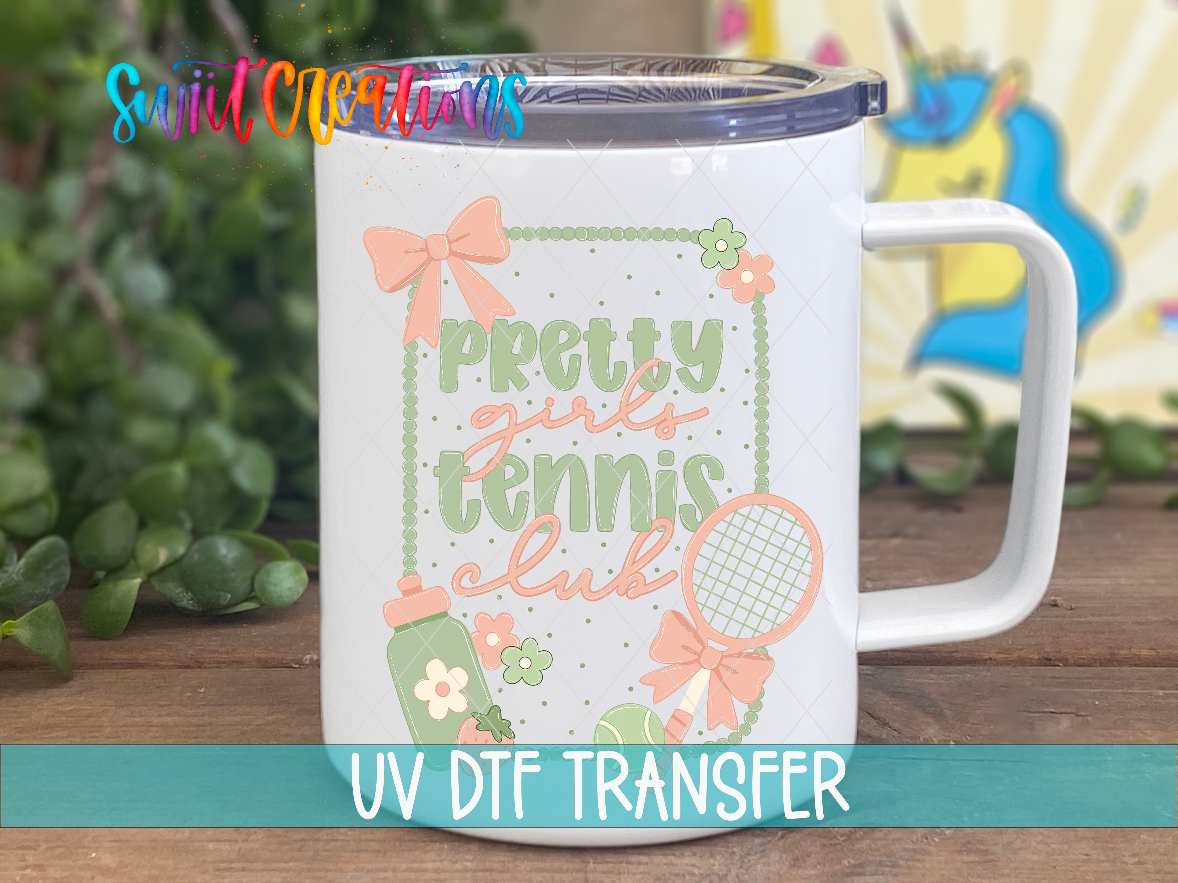 Pretty Girls Tennis Club UV DTF transfer handled travel mug mockup