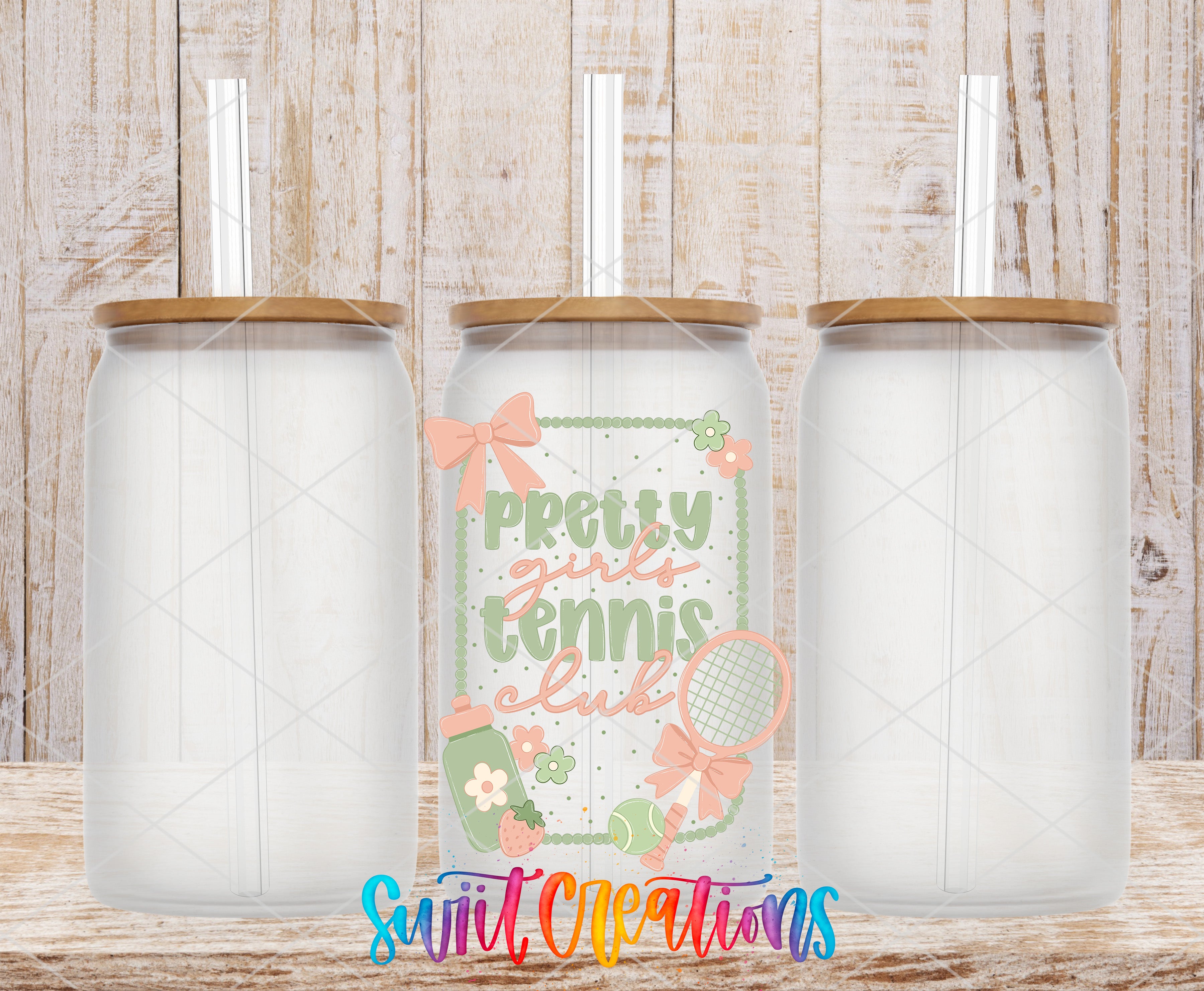 Pretty Girls Tennis Club UV DTF transfer glass tumbler set mockup
