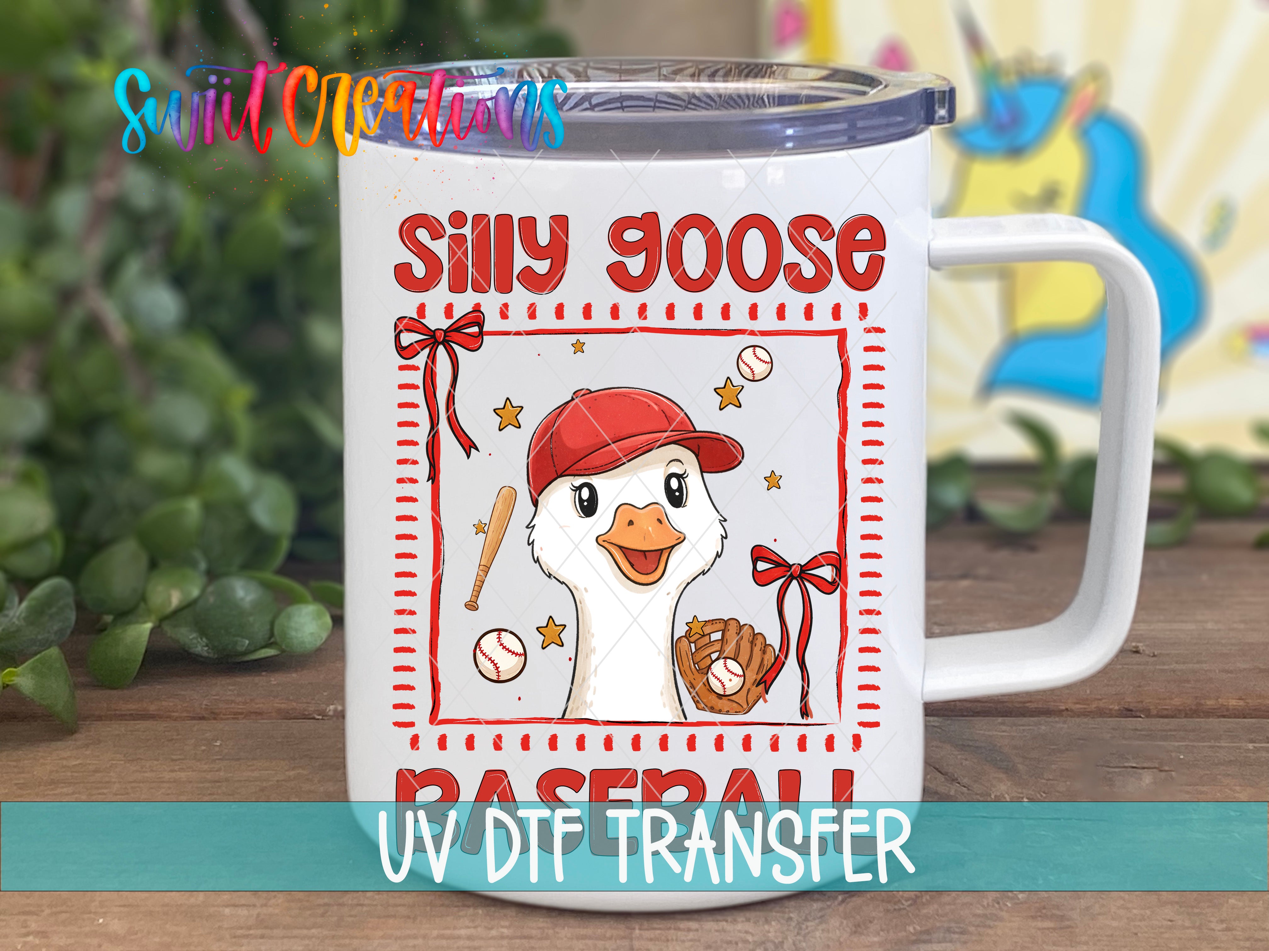 Silly Goose Baseball UV DTF transfer handled travel mug mockup