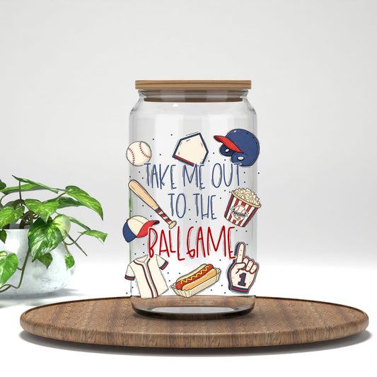 Take Me Out to the Ball Game UV DTF transfer on a clear glass can