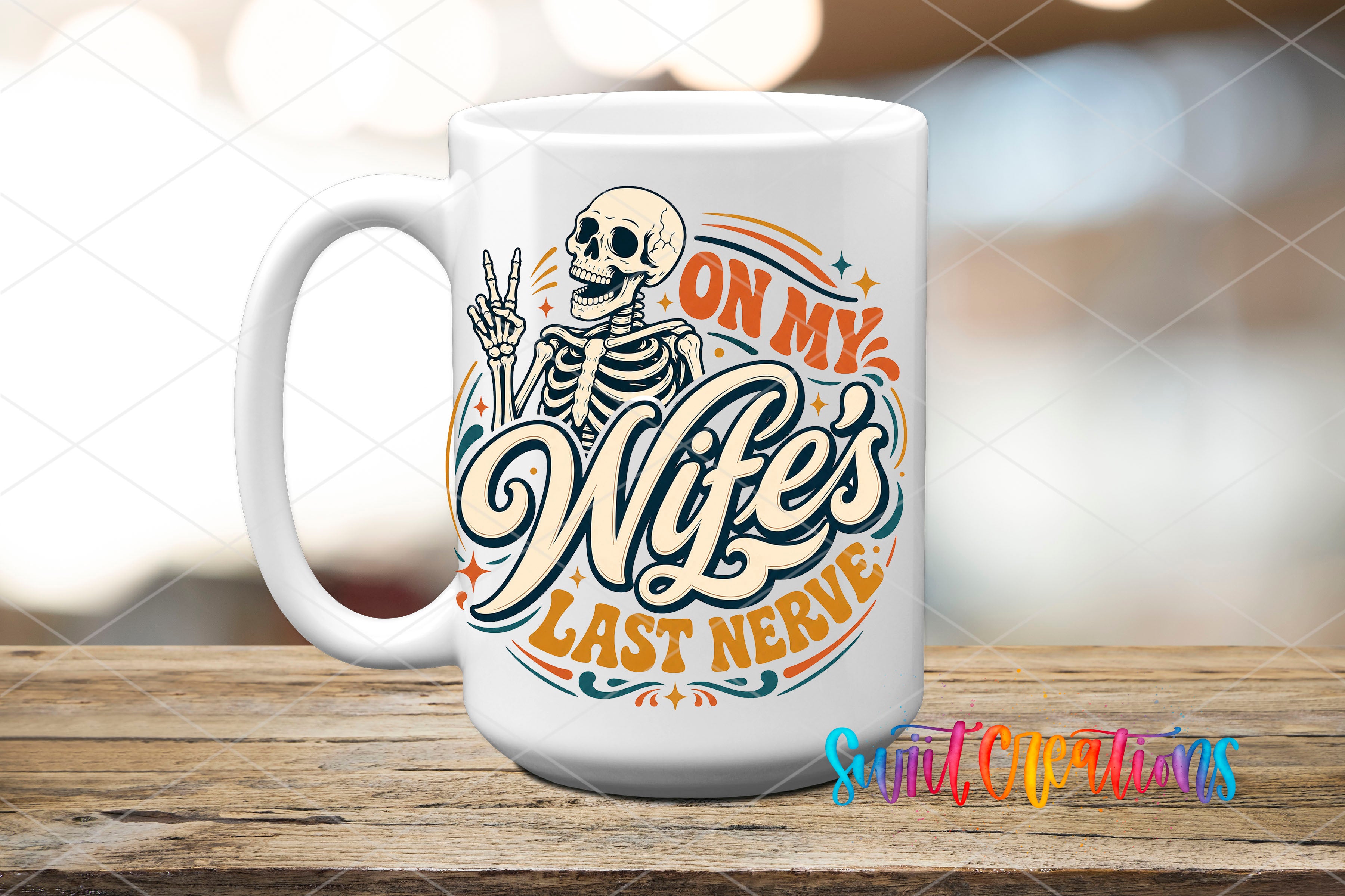 On My Wife's Last Nerve retro skeleton UV DTF transfer ceramic coffee mug mockup