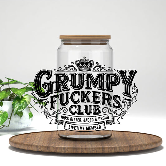 Grumpy F*ckers Club stacked badge UV DTF transfer on a clear glass can