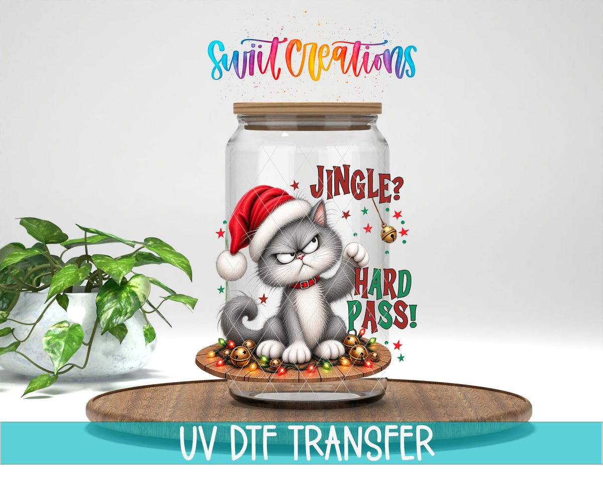 Jingle Hard Pass Christmas cat design on glass can