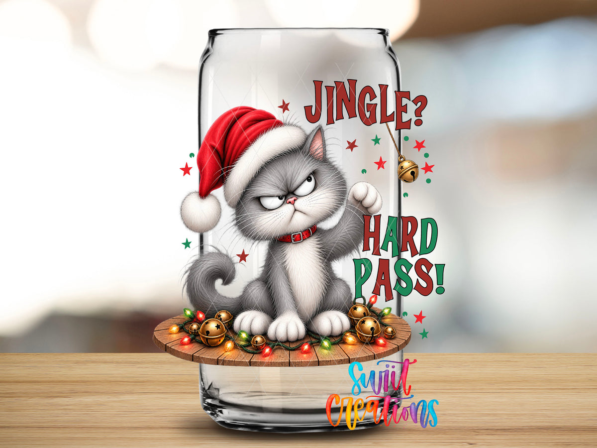 Close view of Jingle Hard Pass Christmas cat transfer