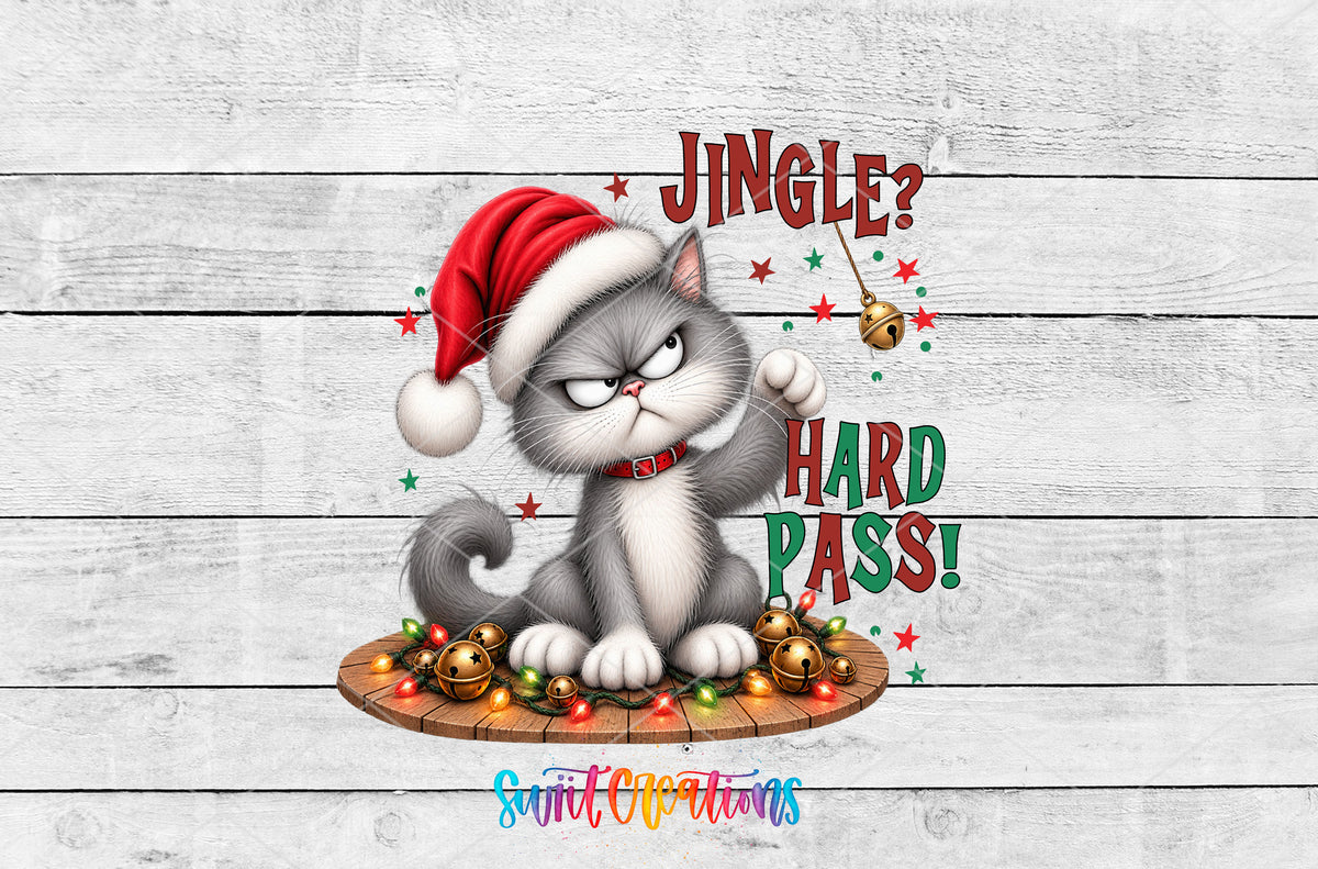 Jingle Hard Pass cat artwork with Santa hat and bells