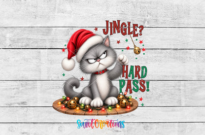 Jingle Hard Pass cat artwork with Santa hat and bells