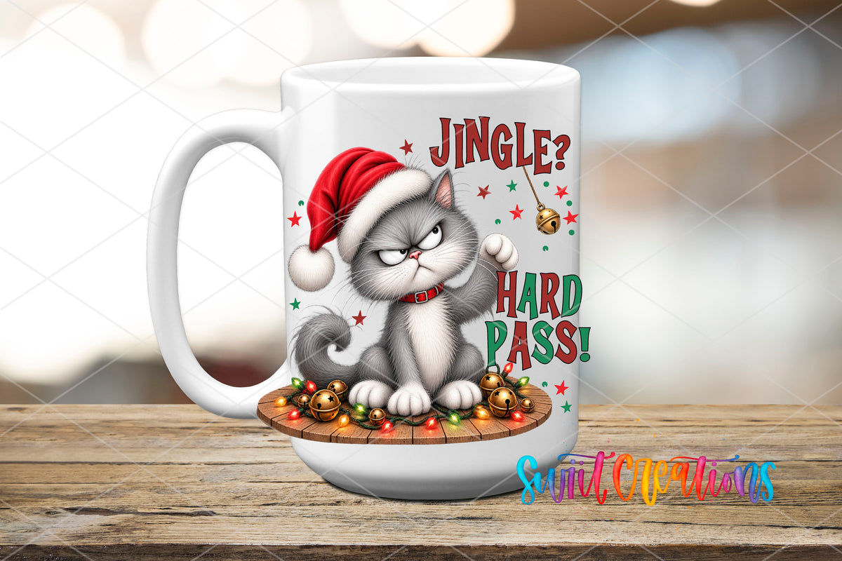 Jingle Hard Pass cat transfer on ceramic mug