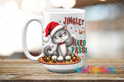Jingle Hard Pass cat transfer on ceramic mug