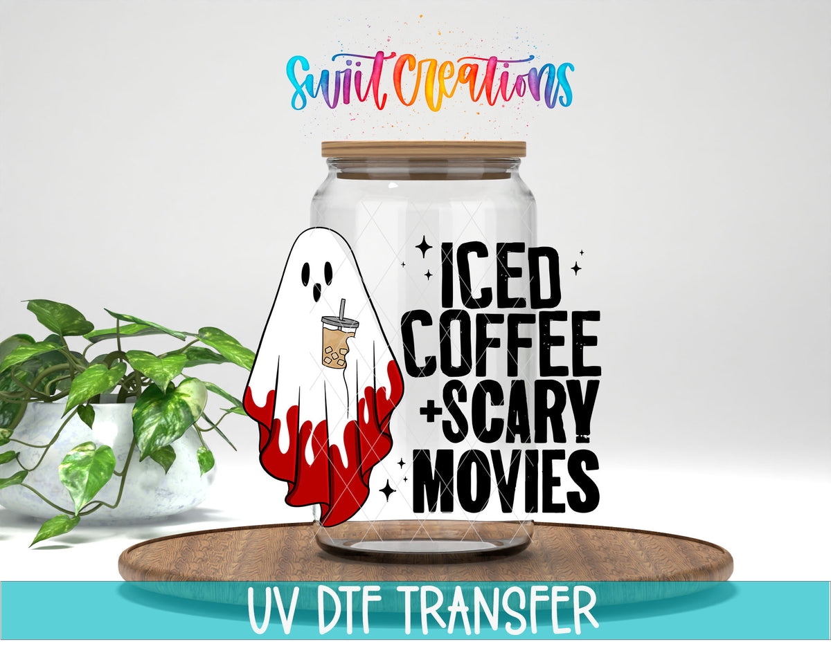 Iced Coffee and Scary Movies ghost design on glass can