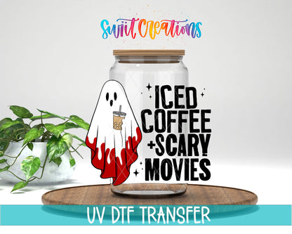 Iced Coffee and Scary Movies ghost design on glass can