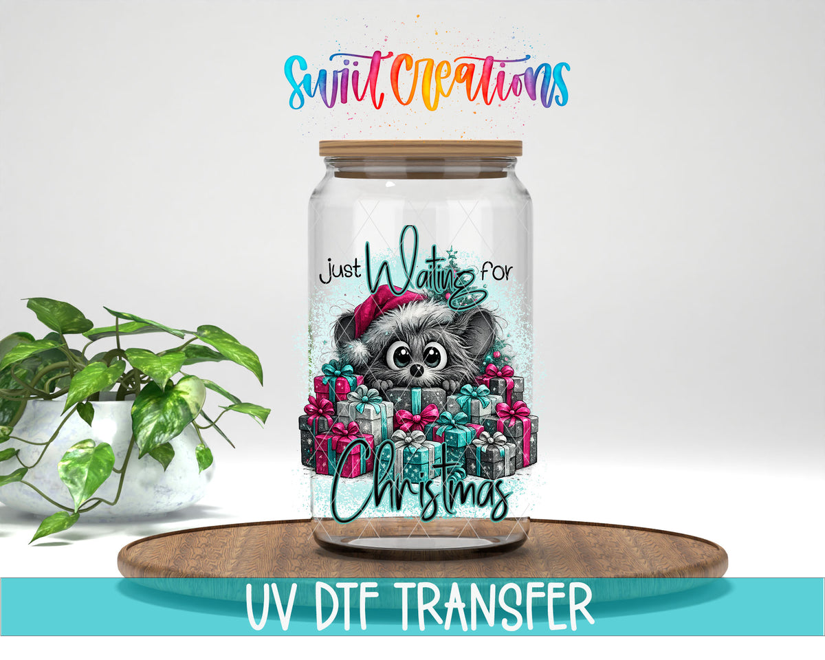 Just Waiting for Christmas raccoon design on glass can
