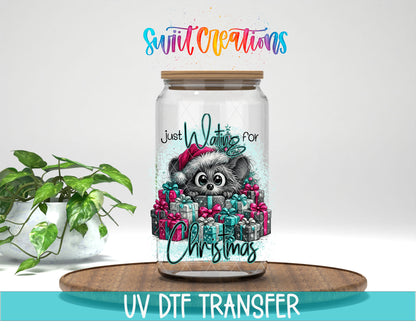 Just Waiting for Christmas raccoon design on glass can