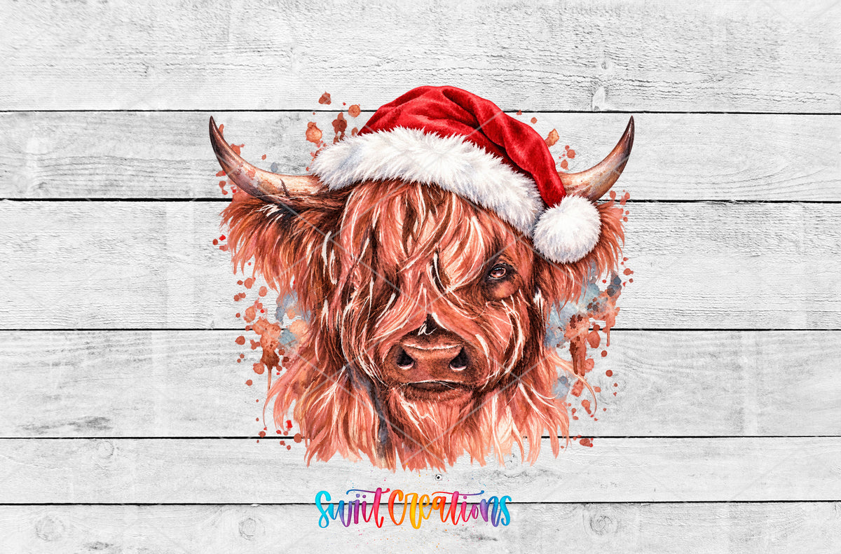 Cow With Santa Hat watercolor highland cow UV DTF transfer artwork on a white wood background