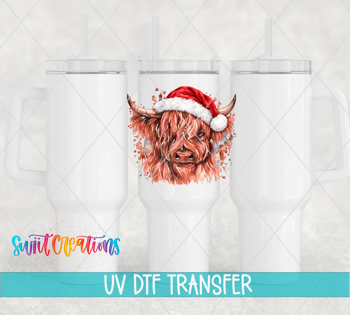Cow With Santa Hat UV DTF transfer on white 40 oz tumblers