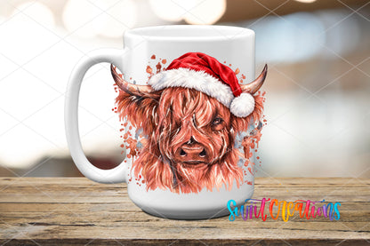 Cow With Santa Hat UV DTF transfer on a white ceramic coffee mug
