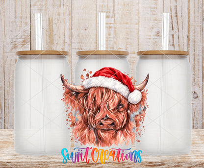 Cow With Santa Hat UV DTF transfer on frosted glass cans with bamboo lids