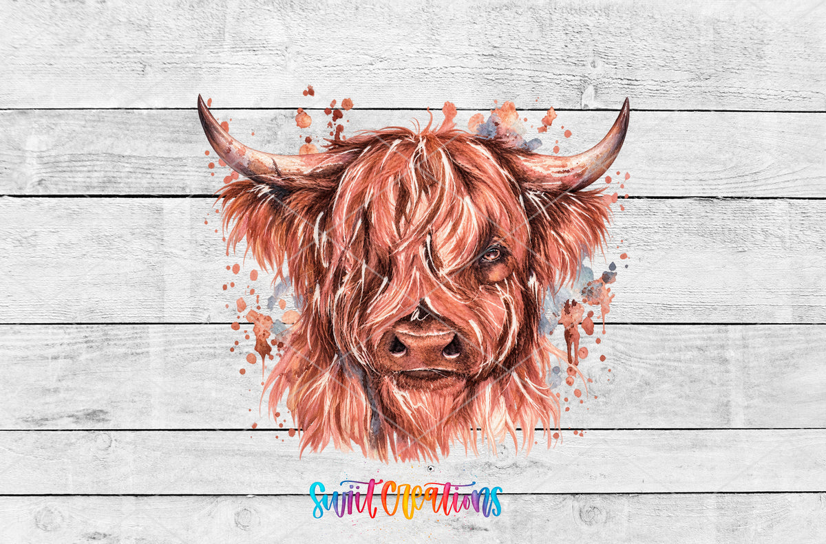Highland Cow rose-toned watercolor UV DTF transfer artwork on a white wood background
