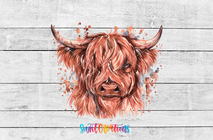 Highland Cow rose-toned watercolor UV DTF transfer artwork on a white wood background
