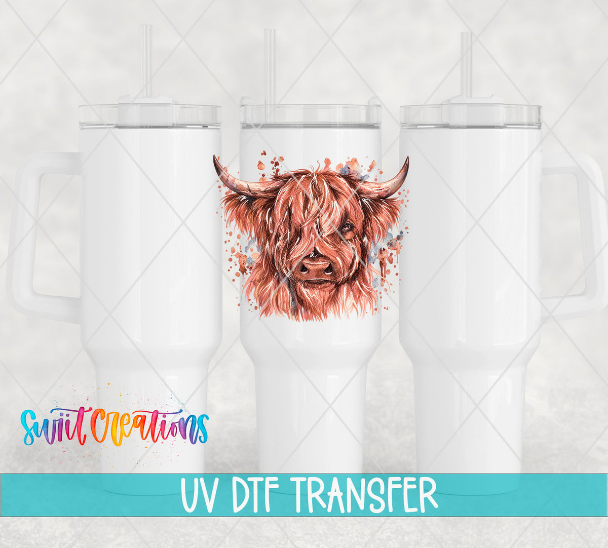 Highland Cow watercolor UV DTF transfer on white 40 oz tumblers