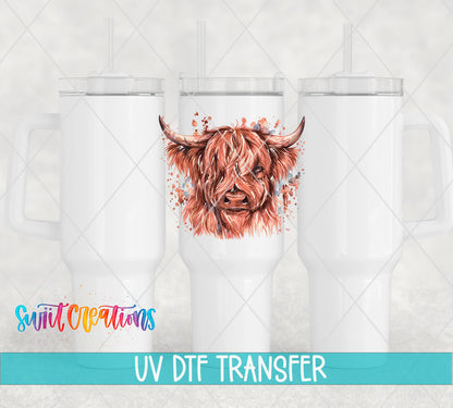 Highland Cow watercolor UV DTF transfer on white 40 oz tumblers