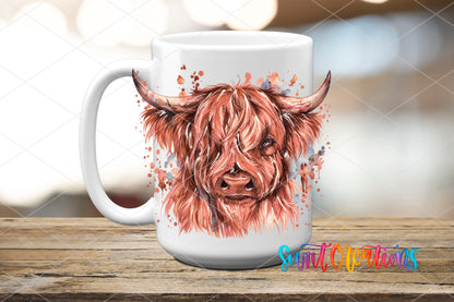 Highland Cow watercolor UV DTF transfer on a white ceramic coffee mug