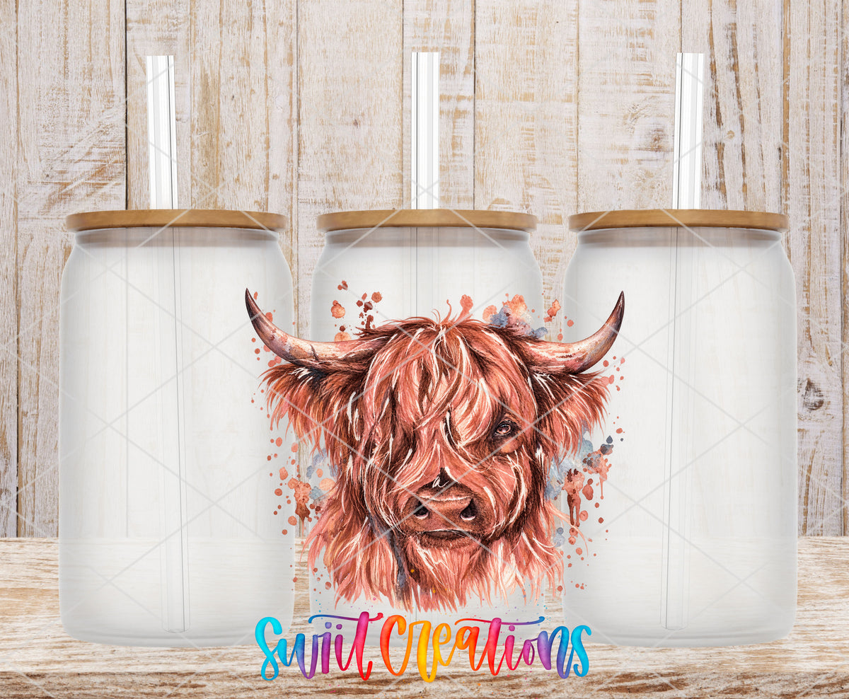 Highland Cow watercolor UV DTF transfer on frosted glass cans with bamboo lids