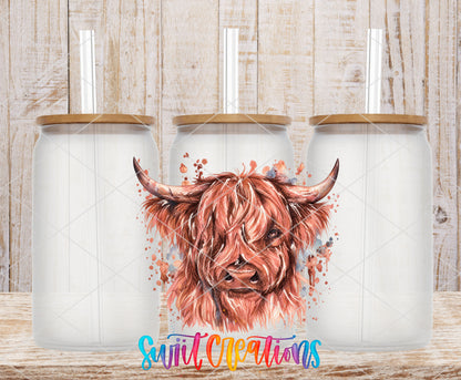 Highland Cow watercolor UV DTF transfer on frosted glass cans with bamboo lids