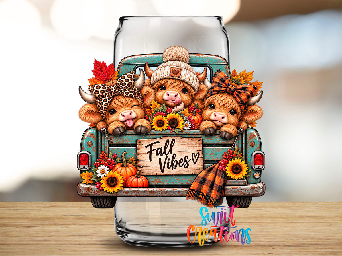 Close-up of the Fall Vibes Cute Cows highland cow UV DTF transfer on a clear glass can