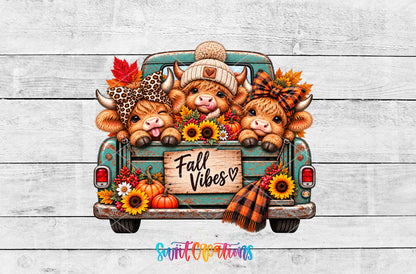 Fall Vibes Cute Cows highland cow UV DTF transfer artwork on a white wood background