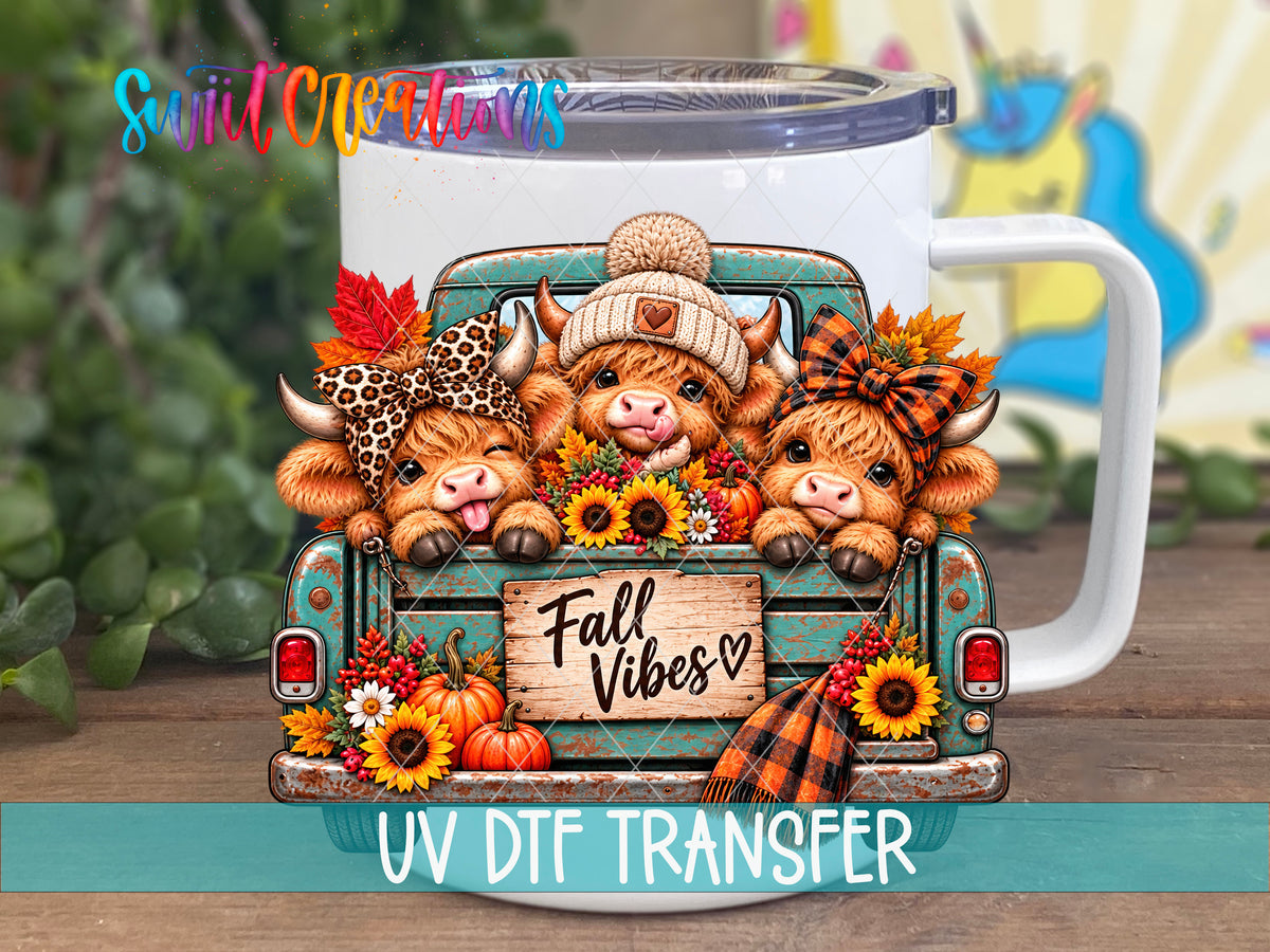 Fall Vibes Cute Cows highland cow UV DTF transfer on a white stainless steel mug with a lid