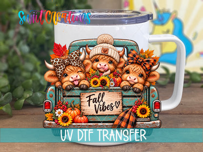 Fall Vibes Cute Cows highland cow UV DTF transfer on a white stainless steel mug with a lid