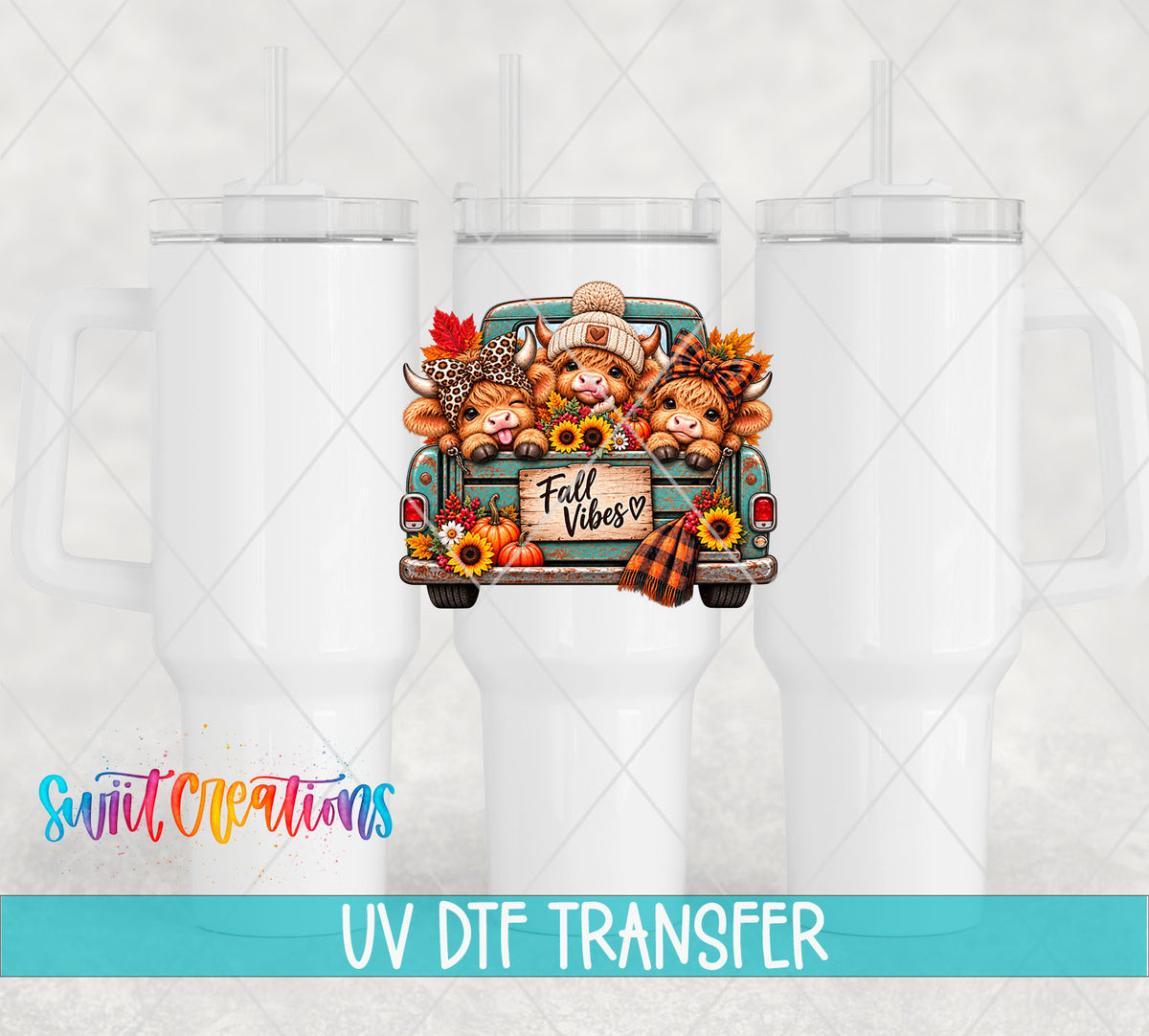 Fall Vibes Cute Cows highland cow UV DTF transfer on white 40 oz tumblers