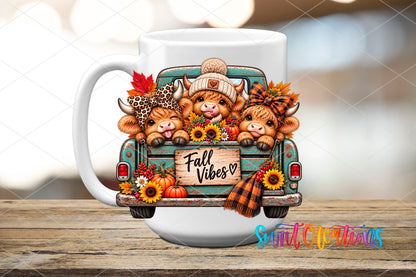 Fall Vibes Cute Cows highland cow UV DTF transfer on a white ceramic coffee mug