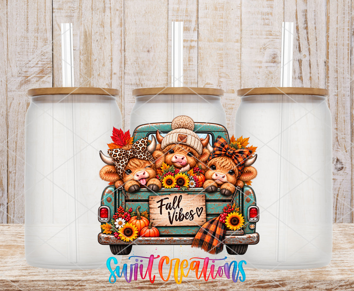 Fall Vibes Cute Cows highland cow UV DTF transfer on frosted glass cans with bamboo lids