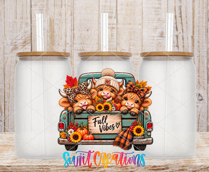 Fall Vibes Cute Cows highland cow UV DTF transfer on frosted glass cans with bamboo lids