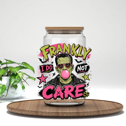 Frankly I Do Not Care monster UV DTF transfer on a clear glass can with a bamboo lid