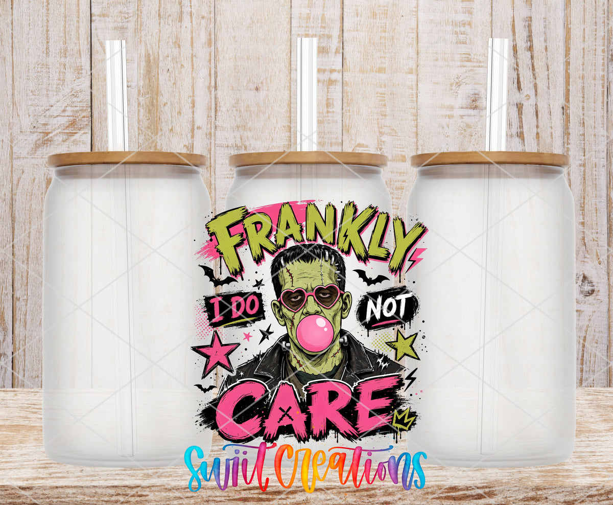 Frankly I Do Not Care monster UV DTF transfer on frosted glass cans with bamboo lids